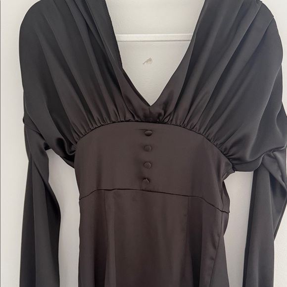 Black Satin Long Sleeve Midi Dress with Slit Size 2 Evening Date Night - Picture 5 of 8